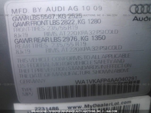 WA1VKAFP4AA040291 - 2010 AUDI Q5 PRESTIGE SILVER photo 9