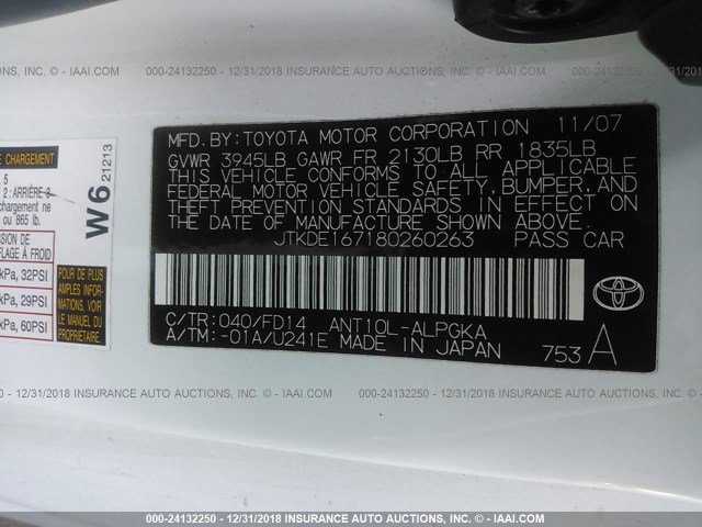 JTKDE167180260263 - 2008 TOYOTA SCION TC Ağ foto 9