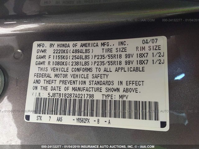 5J8TB18287A021798 - 2007 ACURA RDX GRAY photo 9