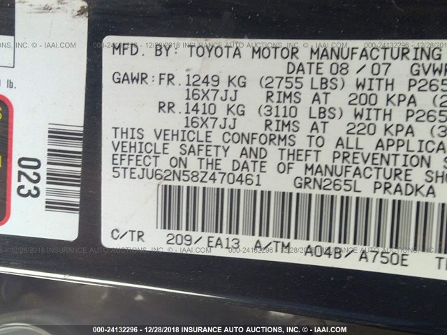 5TEJU62N58Z470461 - 2008 TOYOTA TACOMA DOUBLE CAB PRERUNNER BLACK photo 9