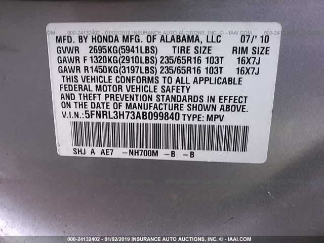 5FNRL3H73AB099840 - 2010 HONDA ODYSSEY EXL SILVER photo 9