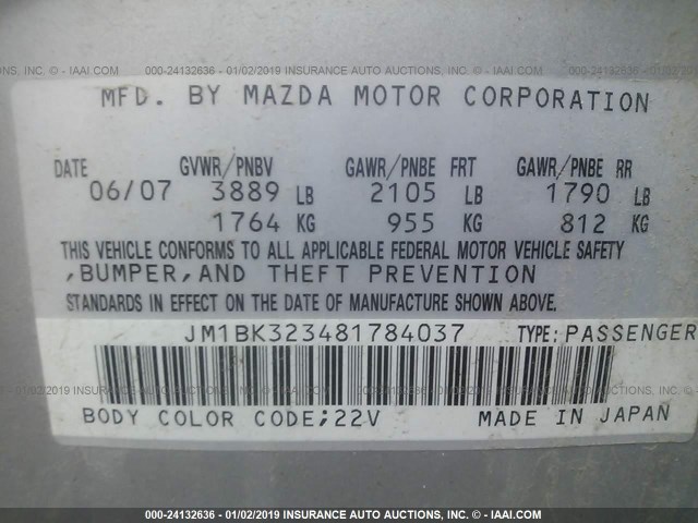 JM1BK323481784037 - 2008 MAZDA 3 S SILVER photo 9