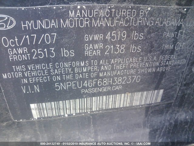 5NPEU46F68H382370 - 2008 HYUNDAI SONATA SE/LIMITED BLACK photo 9