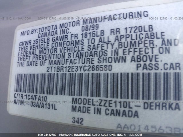 2T1BR12E3YC266580 - 2000 TOYOTA COROLLA VE/CE/LE SILVER photo 9