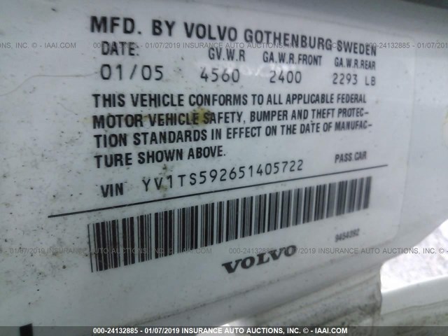 YV1TS592651405722 - 2005 VOLVO S80 2.5T WHITE photo 9