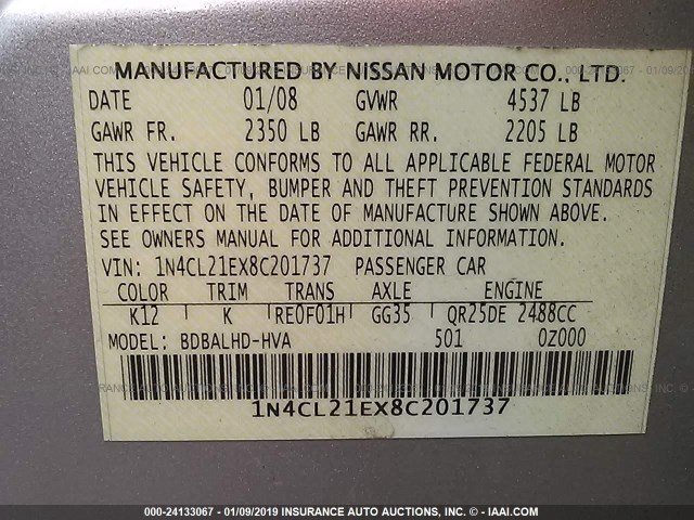 1N4CL21EX8C201737 - 2008 NISSAN ALTIMA HYBRID SILVER photo 9