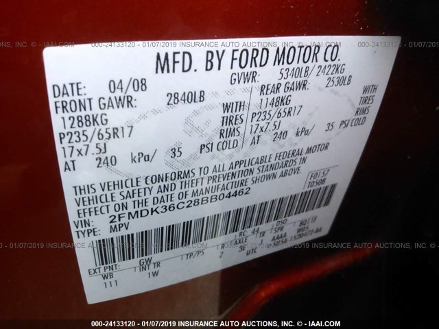 2FMDK36C28BB04462 - 2008 FORD EDGE SE ORANGE photo 9