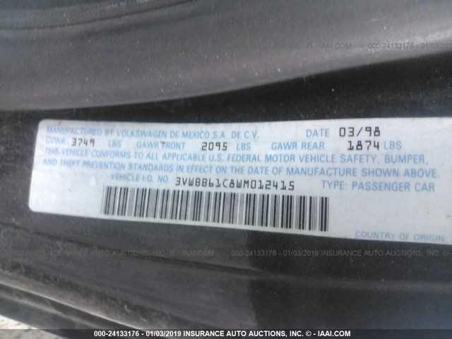 3VWBB61C8WM012415 - 1998 VOLKSWAGEN NEW BEETLE Schwarz Foto 9