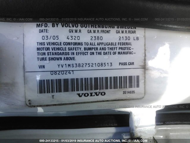 YV1MS382752108513 - 2005 VOLVO S40 2.4I WHITE photo 9