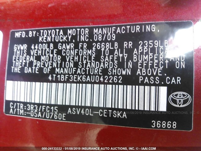 4T1BF3EK6AU042262 - 2010 TOYOTA CAMRY SE/LE/XLE RED photo 9