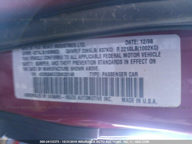 4S3BG685XX6633149 - 1999 SUBARU LEGACY OUTBACK/OUTBACK SSV/OUTBACK LIMITED/30TH ANNNIVERSARY OUTBACK RED photo 9