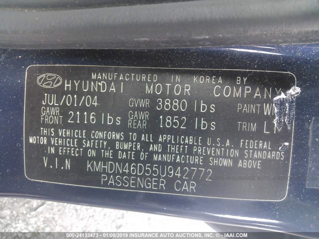 KMHDN46D55U942772 - 2005 HYUNDAI ELANTRA GLS/GT BLUE photo 9