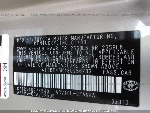 4T1BE46K48U256703 - 2008 TOYOTA CAMRY CE/LE/XLE/SE GOLD photo 9