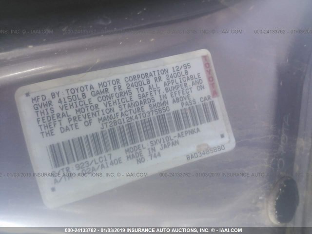 JT2BG12K4T0375850 - 1996 TOYOTA CAMRY DX/LE/XLE GRAY photo 9