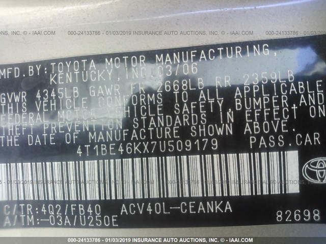 4T1BE46KX7U509179 - 2007 TOYOTA CAMRY NEW GENERAT CE/LE/XLE/SE GOLD photo 9