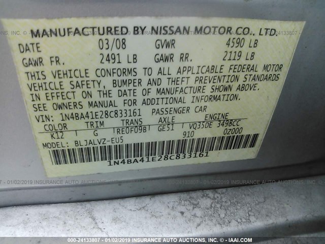 1N4BA41E28C833161 - 2008 NISSAN MAXIMA SE/SL SILVER photo 9