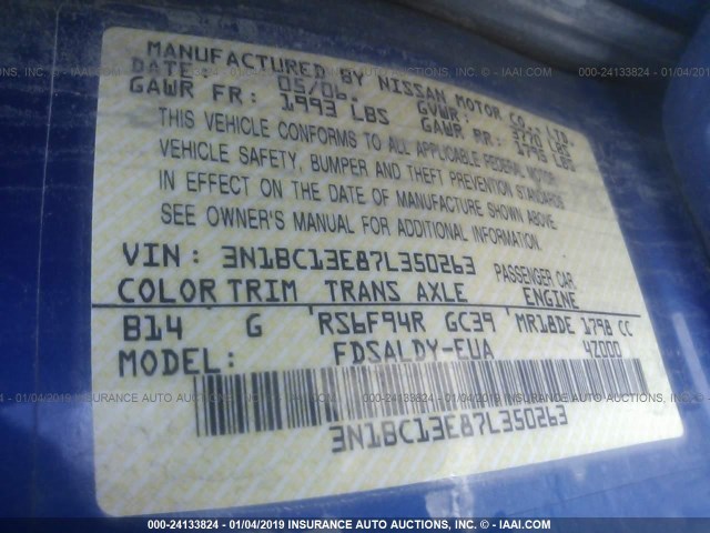 3N1BC13E87L350263 - 2007 NISSAN VERSA S/SL BLUE photo 9