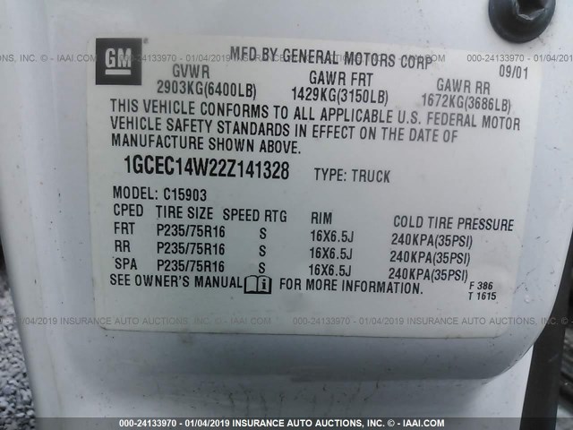 1GCEC14W22Z141328 - 2002 CHEVROLET SILVERADO C1500 WHITE photo 9