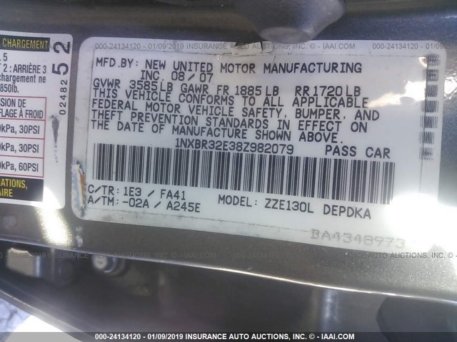 1NXBR32E38Z982079 - 2008 TOYOTA COROLLA CE/LE/S GRAY photo 9