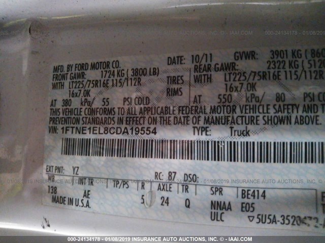 1FTNE1EL8CDA19554 - 2012 FORD ECONOLINE E150 VAN WHITE photo 9