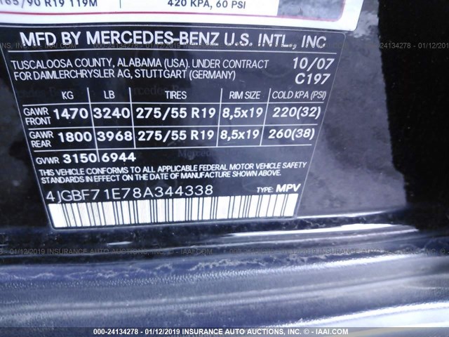 4JGBF71E78A344338 - 2008 MERCEDES-BENZ GL 450 4MATIC შავი ფოტო 9