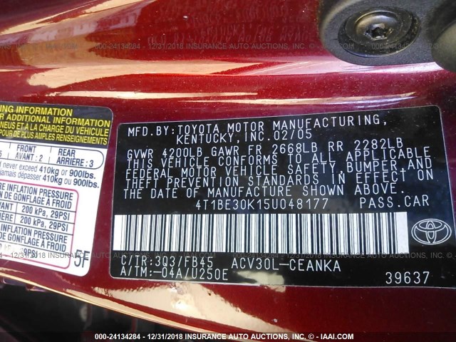 4T1BE30K15U048177 - 2005 TOYOTA CAMRY LE/XLE/SE RED photo 9