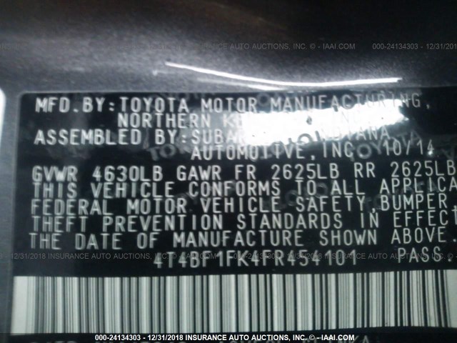 4T4BF1FK4FR454101 - 2015 TOYOTA CAMRY LE/XLE/SE/XSE GRAY photo 9