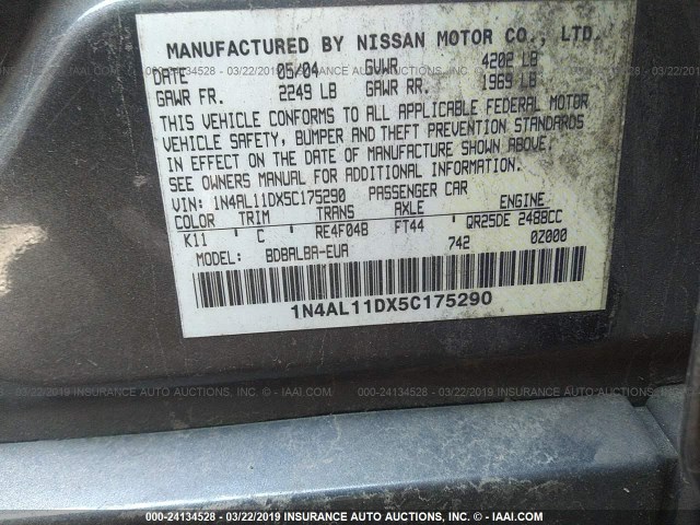 1N4AL11DX5C175290 - 2005 NISSAN ALTIMA S/SL GRAY photo 9