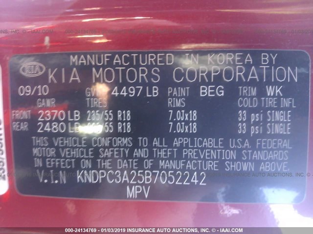 KNDPC3A25B7052242 - 2011 KIA SPORTAGE EX/SX RED photo 9