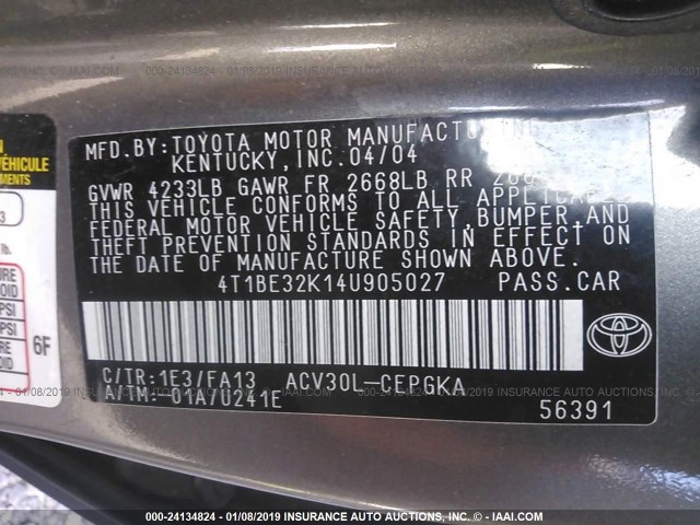 4T1BE32K14U905027 - 2004 TOYOTA CAMRY LE/XLE/SE GRAY photo 9