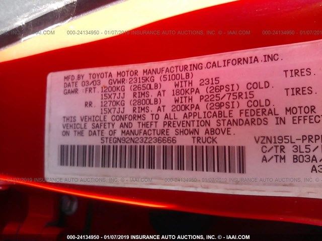 5TEGN92N23Z236666 - 2003 TOYOTA TACOMA DOUBLE CAB PRERUNNER RED photo 9