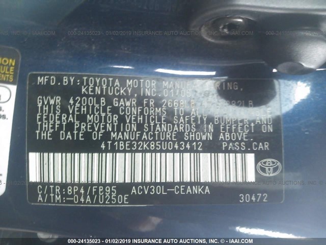 4T1BE32K85U043412 - 2005 TOYOTA CAMRY LE/XLE/SE BLUE photo 9