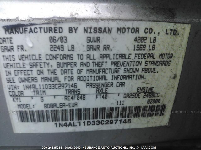 1N4AL11D33C297146 - 2003 NISSAN ALTIMA S/SL SILVER photo 9