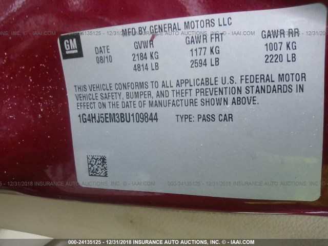 1G4HJ5EM3BU109844 - 2011 BUICK LUCERNE CXL RED photo 9