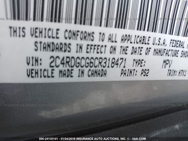 2C4RDGCG6CR318471 - 2012 DODGE GRAND CARAVAN SXT SILVER photo 9