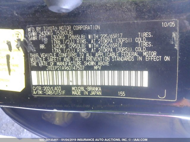 JTEEP21A960147507 - 2006 TOYOTA HIGHLANDER LIMITED BLACK photo 9