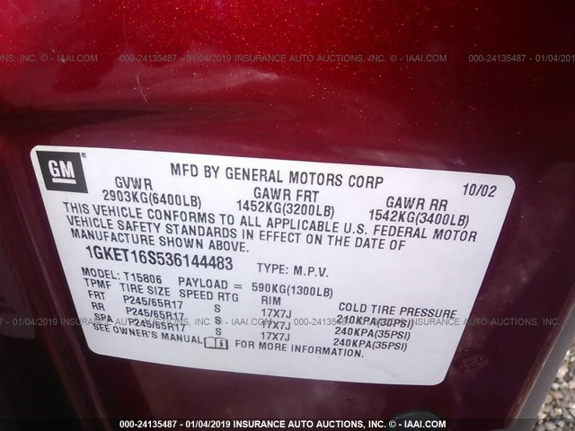 1GKET16S536144483 - 2003 GMC ENVOY XL MAROON photo 9