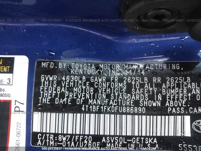 4T1BF1FK0FU886890 - 2015 TOYOTA CAMRY LE/XLE/SE/XSE ლურჯი ფოტო 9