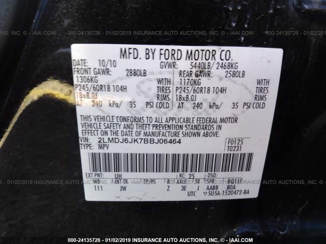 2LMDJ6JK7BBJ06464 - 2011 LINCOLN MKX BLACK photo 9