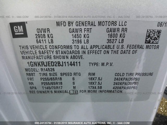 1GNKRJED2BJ114411 - 2011 CHEVROLET TRAVERSE LT SILVER photo 9