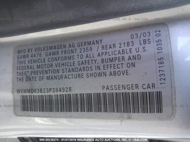 WVWMD63B23P394926 - 2003 VOLKSWAGEN PASSAT GL SILVER photo 9