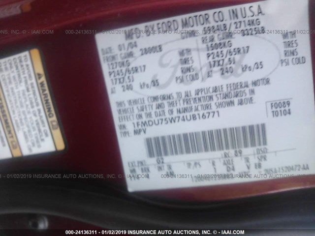 1FMDU75W74UB16771 - 2004 FORD EXPLORER LIMITED RED photo 9