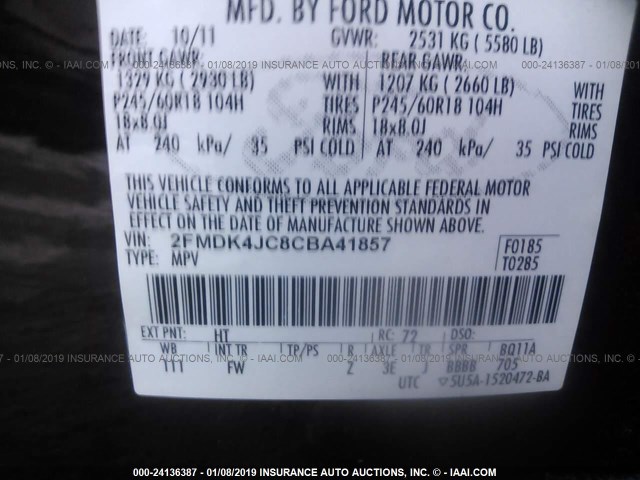 2FMDK4JC8CBA41857 - 2012 FORD EDGE SEL PURPLE photo 9