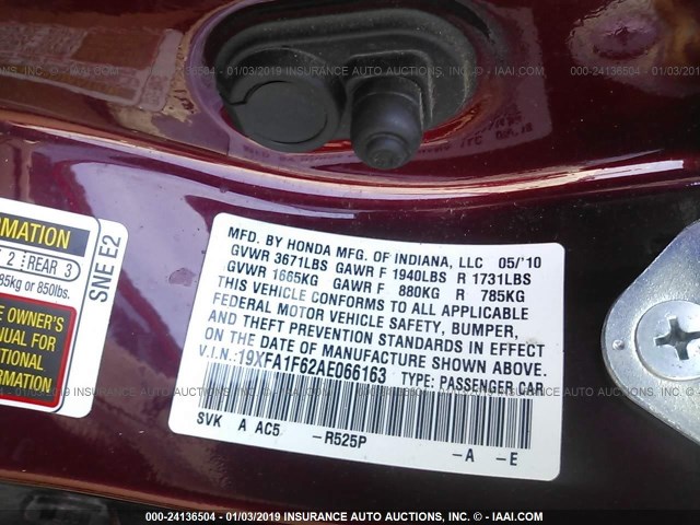 19XFA1F62AE066163 - 2010 HONDA CIVIC BURGUNDY photo 9