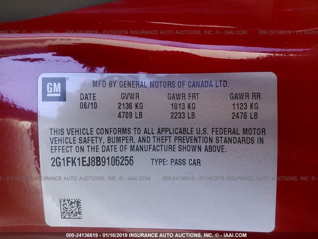 2G1FK1EJ8B9106256 - 2011 CHEVROLET CAMARO 2SS RED photo 9