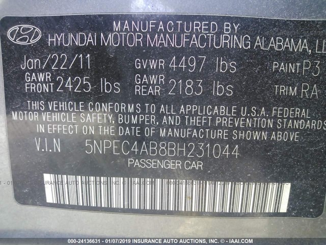 5NPEC4AB8BH231044 - 2011 HYUNDAI SONATA SE/LIMITED GRAY photo 9