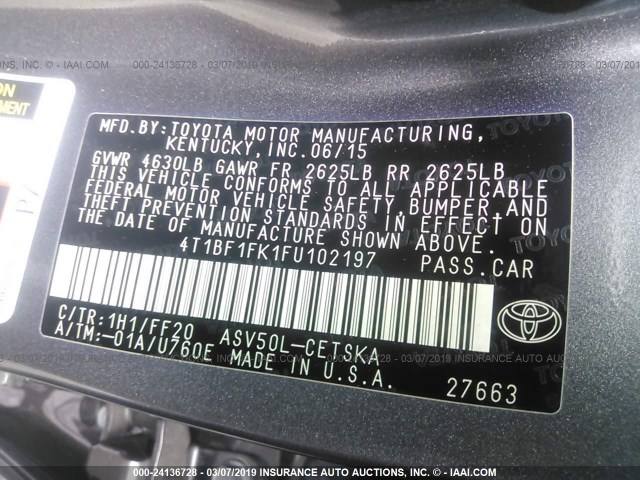 4T1BF1FK1FU102197 - 2015 TOYOTA CAMRY LE/XLE/SE/XSE GRAY photo 9