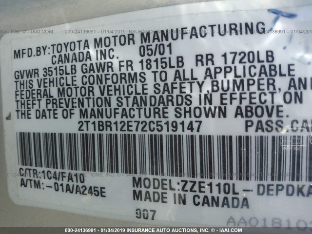 2T1BR12E72C519147 - 2002 TOYOTA COROLLA CE/LE/S WHITE photo 9