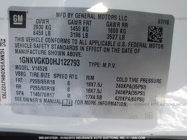 1GNKVGKD0HJ122793 - 2017 CHEVROLET TRAVERSE LT WHITE photo 9