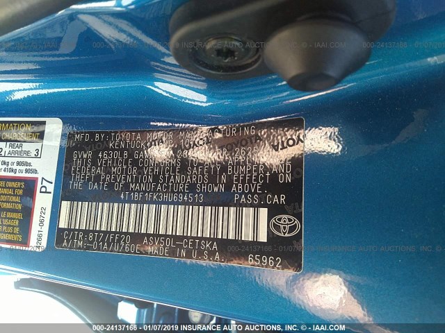 4T1BF1FK3HU694513 - 2017 TOYOTA CAMRY LE/XLE/SE/XSE BLUE photo 9